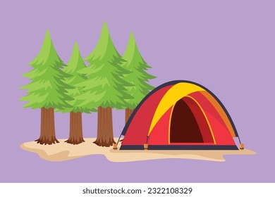 Cartoon flat style drawing tourist tent in pine forest, mountains on cloudy sky. Summer camping logo, icon, symbol. Natural outdoor activities. Tent and fire camp. Graphic design vector illustration