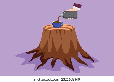 Cartoon flat style drawing traveler girl pouring tea in thermos cup. Female drinking tea at cup. Travel camping symbol. Woman pouring hot drink in mug on log table. Graphic design vector illustration