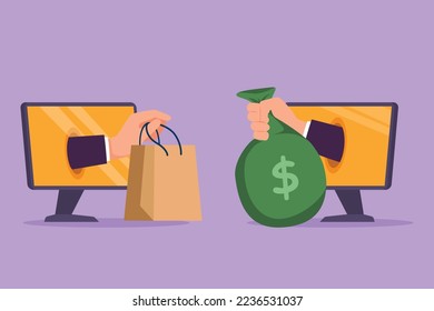 Cartoon flat style drawing two hands out of monitor screen to exchange shopping bag with money bag. Sale, digital payment technology. Online store trading concept. Graphic design vector illustration