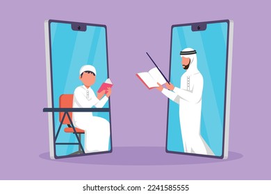 Cartoon flat style drawing two smartphone standing in front of each other, one side contain male student studying and the other contains Arab male teacher teaching. Graphic design vector illustration