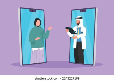 Cartoon flat style drawing two smartphone face to face contain young female patient talking online with Arab male doctor while holding clipboard. Digital healthcare. Graphic design vector illustration