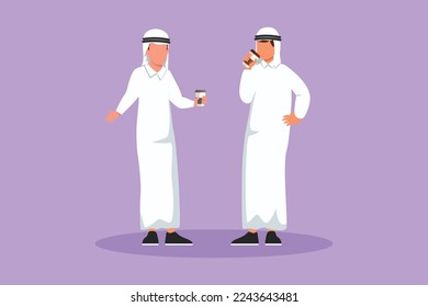Cartoon flat style drawing two Arab men standing and drinking coffee, relaxing in cafeteria. Friends or colleagues meeting in bistro, communicate, pastime together. Graphic design vector illustration