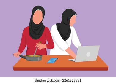 Cartoon flat style drawing two Arabian woman cooking dinner has video call conversation in kitchen and talking with friend using application on laptop. Fun cooking. Graphic design vector illustration