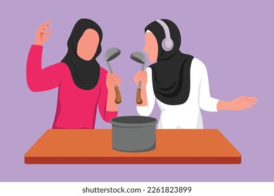 Cartoon flat style drawing two Arabian friends cooking food for dinner together and sing with spatulas as microphone. Friends dancing and having fun in cozy kitchen. Graphic design vector illustration