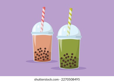 Cartoon flat style drawing two plastic cup of famous Taiwanese sweet bubble tea. Take away glass with sticker of pearl milk tea. Street Asian drinks at night market. Graphic design vector illustration