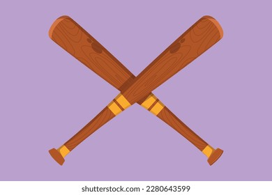 Dibujo plano de caricatura de dos bates de béisbol cruzados, herramienta deportiva de ícono. Forma sencilla para el diseño logotipo, emblema, símbolo, signo, insignia, etiqueta, sello. Actividad al aire libre. Ilustración vectorial de diseño gráfico