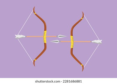 Cartoon flat style drawing of two stylized arrow and bow Indian archery weapon logo, icon, symbol. Native longbow warrior or hunting equipment. Tribal wooden armor. Graphic design vector illustration