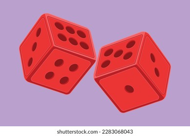 Dibujo plano de dibujos animados con dos dados rojos logo, etiqueta, volante, símbolo. Dice con puntos negros. Icono de cubo de dados, juego móvil. Cubo de contorno por contorno negro para juego de mesa. Ilustración vectorial de diseño gráfico