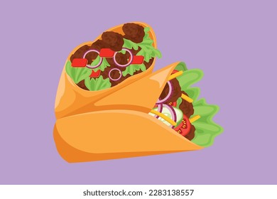 Dibujo plano de caricatura con dos deliciosos y frescos burritos en línea emblema del restaurante mexicano. Concepto de plantilla de logotipo de nacho cafe shop de comida rápida. Delicioso almuerzo. Ilustración vectorial de diseño gráfico