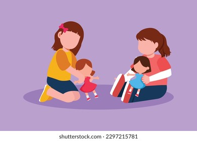 Cartoon flat style drawing two little girls playing with dolls. Happy kids playing together. Child characters with cute dolls. Childhood and preschool development. Graphic design vector illustration