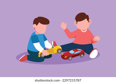 Cartoon flat style drawing two cute little boys playing with their toys cars. Adorable boy shows his toys to his friend. Happy kids playing together at playground. Graphic design vector illustration