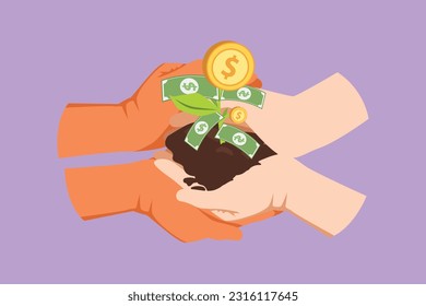 Cartoon flat style drawing two hands holding money tree together. Hand of businessman who pours money tree. Concept of earnings, success in work, growing of money. Graphic design vector illustration