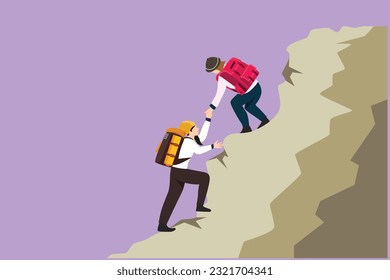 Cartoon flat style drawing two people woman success on peak of hills. Team of climbers helping hand on mountain top. Teamwork hiking, trust assistance in mountains. Graphic design vector illustration