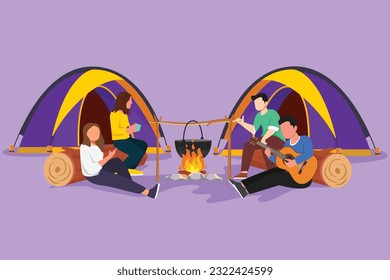 Cartoon flat style drawing two pair man woman hiker sitting on log cooking water in boiling pot. Guy playing guitar and sing with friends at campfire near camp tent. Graphic design vector illustration