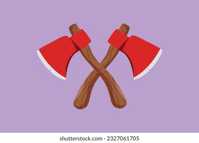 Cartoon flat style drawing two lumberjack axes crossed icon. Crossed axe isolated on blue background. Design element for logo, label, emblem, sign, poster, template. Graphic design vector illustration