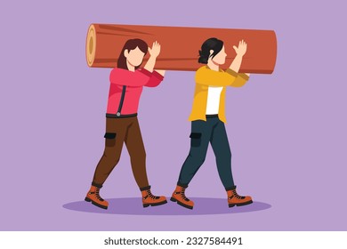 Cartoon flat style drawing two beautiful woman lumberjack laborers carrying heavy wooden log on shoulders. Strong female woodcutter working in wood logging industry. Graphic design vector illustration
