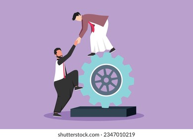 Cartoon flat style drawing two Arab businessmen helping each other on top of cog. Teamwork people help each other trust assistance. Goal with collaboration concept. Graphic design vector illustration