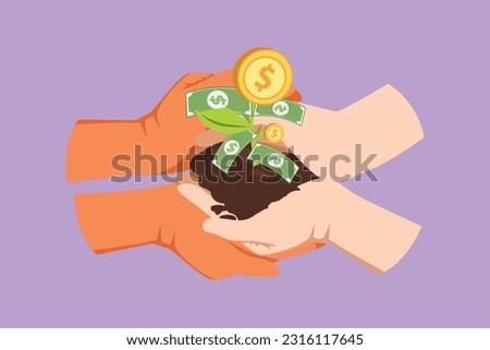 Cartoon flat style drawing two hands holding money tree together. Hand of businessman who pours money tree. Concept of earnings, success in work, growing of money. Graphic design vector illustration