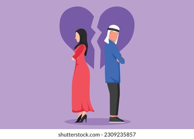 Cartoon flat style drawing unhappy Arab couple standing arms crossed. Family conflict. Break up relationship. Married man and woman angry, sad against broken heart. Graphic design vector illustration