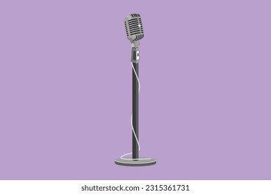 Cartoon flat style drawing vintage microphone logo icon isolated on blue background. Old technology stand microphone for singer at classic musical show performance. Graphic design vector illustration