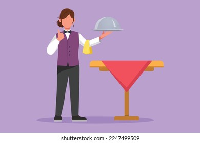 Cartoon flat style drawing waitress stood up with thumb up gesture and brought tray of delicious dishes to offer to restaurant guests. Waitress serving in cafetaria. Graphic design vector illustration