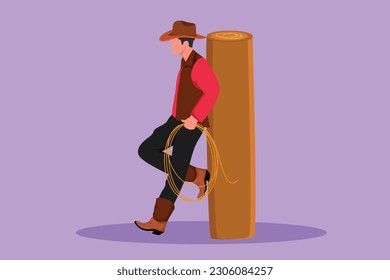 Caricatura de estilo plano dibujando a un hombre relajante occidental con sombrero de vaquero y lazo apoyados en una valla de madera. Estilizado estilo de vida americano de vaquero en el caballo de ganado por la noche. Ilustración vectorial de diseño gráfico