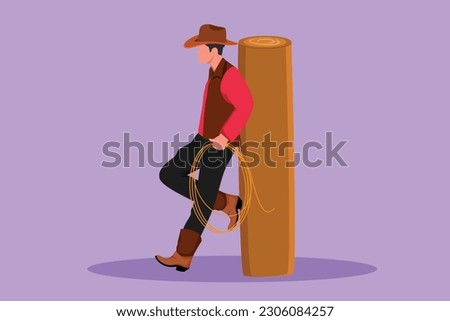 Cartoon flat style drawing western relaxing man with cowboy hat and lasso leaning on wooden fence. Stylized American cowboy lifestyle at livestock horse in evening. Graphic design vector illustration