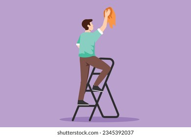 Cartoon flat style drawing window washer is cleaning window using a squeegee. Professional housekeeping service. Cleaner standing on ladder and washing with sponge. Graphic design vector illustration