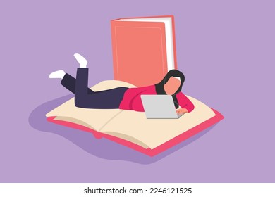 Cartoon flat style drawing woman freelancer works at laptop lying on big book. Arab female worker working at home. Job freelance. Girl student at online education. Graphic design vector illustration