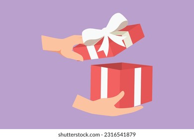 Dibujo plano de caricatura de una mujer sosteniendo una caja de regalo con un símbolo de vacaciones. Caja decorativa abierta con confeti. Presentar el paquete con elementos de reventado, sorpresa dentro. Ilustración vectorial de diseño gráfico