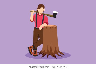 Cartoon flat style drawing woman lumberjack lean on wood log. Wearing shirt, jeans and boots. Holding on her shoulder a ax. Female lumberjack pose on logging forest. Graphic design vector illustration