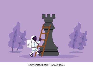 Cartoon flat style drawing young astronaut climb huge rook chess piece with ladder in moon surface. Strategic or smart move competition. Cosmic galaxy space concept. Graphic design vector illustration