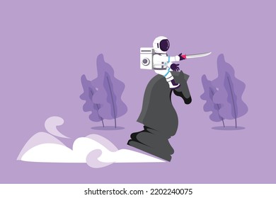 Cartoon flat style drawing young astronaut riding big chess horse knight with sword in moon surface. Achievement and goal competition. Cosmic galaxy space concept. Graphic design vector illustration
