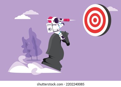 Cartoon flat style drawing young astronaut holding dart arrow while riding chess knight piece in moon surface. Accuracy and achievement. Cosmic galaxy space concept. Graphic design vector illustration