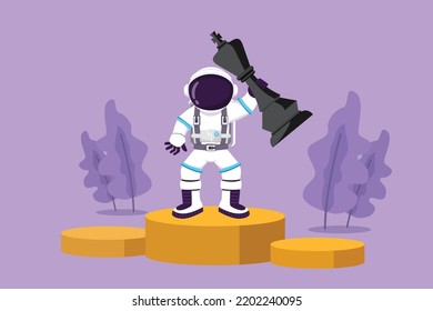 Cartoon flat style drawing young astronaut holding and lifting king chess piece at first champions stage in moon surface. Winning game. Cosmic galaxy space concept. Graphic design vector illustration