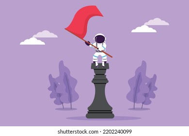 Cartoon flat style drawing young astronaut standing on top of big rook chess and waving a flag in moon surface. Successful leadership. Cosmic galaxy space concept. Graphic design vector illustration