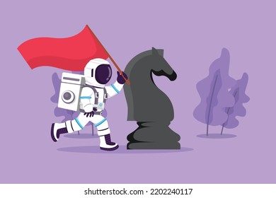 Cartoon flat style drawing young astronaut running and holding flag beside big horse knight chess in moon surface. Winning competition. Cosmic galaxy space concept. Graphic design vector illustration