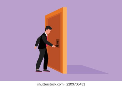 Cartoon Flat Style Drawing Young Businessman Holding A Door Knob. Entering Working Room In Office Building. Man Holding Door Knob To Open Door And Enter Work Space. Graphic Design Vector Illustration