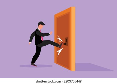 Cartoon flat style drawing of young businessman kicks door closed with his leg. Aggressive business approach. Business struggles for success in market competition. Graphic design vector illustration