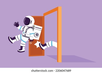 Cartoon Flat Style Drawing Young Astronaut Get Kicked Out Of Door In Moon Surface. Dismissed From Job. Boss Kicks Unnecessary Employee. Cosmic Galaxy Space Concept. Graphic Design Vector Illustration