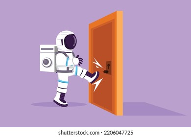 Cartoon flat style drawing young astronaut kicks door closed with his leg in moon surface. Struggles for success in market competition. Cosmic galaxy space concept. Graphic design vector illustration