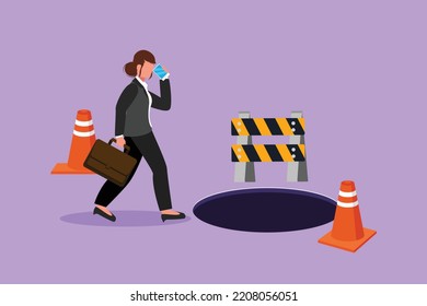 Cartoon flat style drawing young businesswoman talking on cell phone and he does not see hole in front. Female manager using smartphone and walks to business trap. Graphic design vector illustration