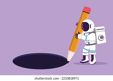 Cartoon flat style drawing young astronaut making circle of hole with big pencil in moon surface. Failure or defeat spaceman at galaxy. Cosmonaut deep space concept. Graphic design vector illustration