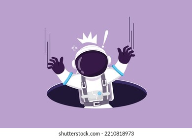 Cartoon flach gezeichnet junge Astronaut fiel in Manhole unterirdische Abwasserkanäle auf der Mondoberfläche. Depressiver Raumfahrer aufgrund eines Erkundungsfehlers. Kosmonaut-Tiefenraum. Grafikdesign, Vektorgrafik