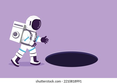 Cartoon flat style drawing young astronaut looking at black hole in moon surface. Spaceman wondering and looking big hole exploration. Cosmonaut deep space concept. Graphic design vector illustration