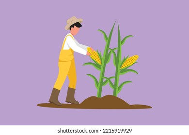 Cartoon flat style drawing young male farmer picking the corn on the tree. Professional farmer. Farming challenge. Natural vegetables harvest, agricultural activity. Graphic design vector illustration