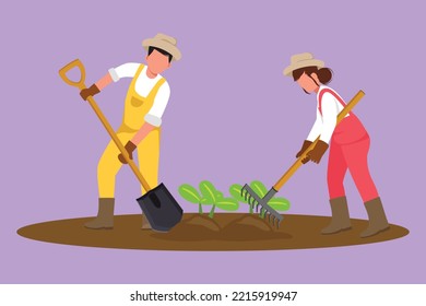 Dibujo de estilo plano de caricatura que atrajo a jóvenes granjeros de pareja que esparcían el suelo con plantas usando palas y rastrillos. Desafío agrícola en zonas rurales o rurales. Plantar plantas nuevas. Ilustración vectorial de diseño gráfico