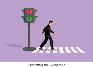 Cartoon Flat Style Drawing Young Male Worker Crosses The Road On The Zebra Crossing After Returning From Work. There's A Traffic Light To Regulate Traffic Roadway. Graphic Design Vector Illustration