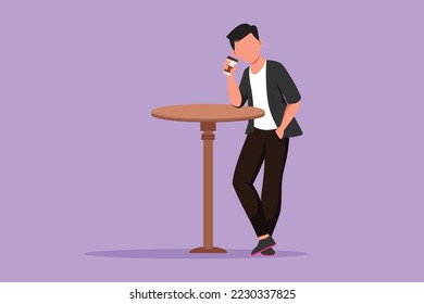 Cartoon flat style drawing young man stand at table in cafe, relaxing in cafeteria. Coffee break morning daily concept. Drinking hot flavored coffee at restaurant. Graphic design vector illustration