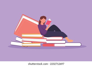 Cartoon flache Zeichnung von jungen Frauen lesen, lernen und sitzen auf einem Stapel von großen Büchern. Lerne in der Bibliothek. Literaturliebhaber, intelligenter Student, Bildungskonzept. Grafikdesign, Vektorgrafik